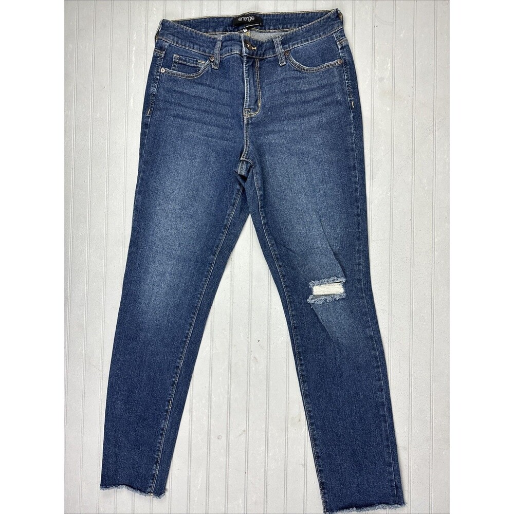 Energie Size 7 Womens Jeans Mid Rise Skinny Stretch Med Wash Raw Hem Distress